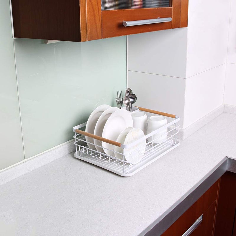 Attom Tech Home Modern Wood Handle Dish Rack and Drain Board, 16.5" x 12" x 5.5" Kitchen Plate Cup Dish Drying Rack Tray Cutlery Dish Drainer - Image 5